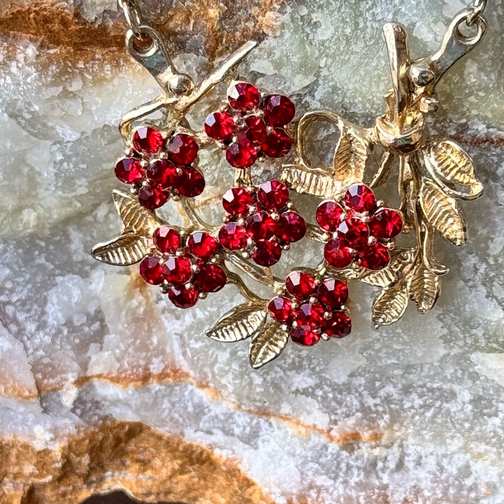 Vintage Gold-Tone Necklace with Red Rhinestone Floral Pendant